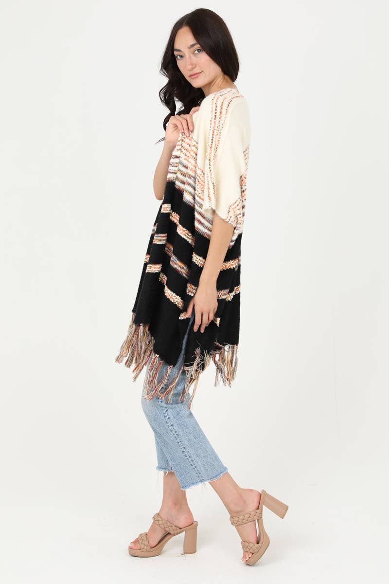 Kimono-ASIS SUPER SOFT KIMONO SLEEVE SWEATER PONCHO WITH FRINGE by Angie