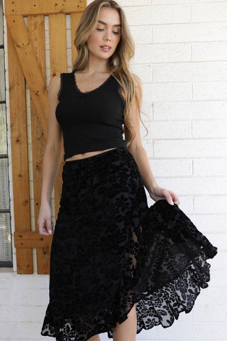 BURNOUT VELVET SIDE SLIT RUFFLE SKIRT