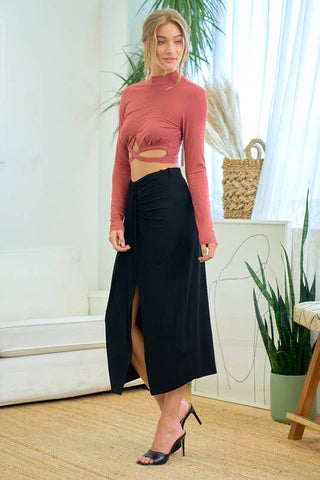 High Waisted Midi Skirt With Knot Detail - 6370S