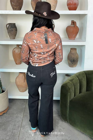 Brown Western Cowboy Cactus Printed Quarter Zip Sweater