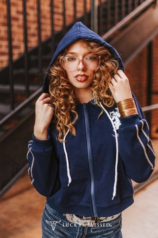 Midnight Navy Blue Rope Drawstring Crop Zip Up Hoodie