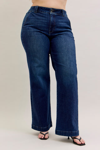 Judy Blue-high waist Trouser Wide Leg Dark Denim Jeans