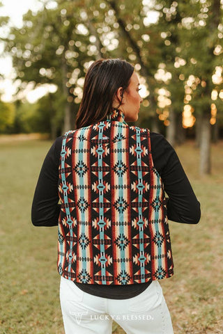Black Multi Aztec Quilted Lined Zip-up Vest