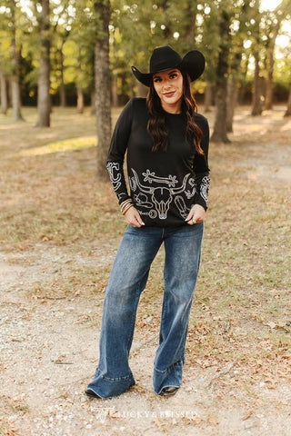 Black Western Rhinestone Pressed Detail Long Sleeve Shirt