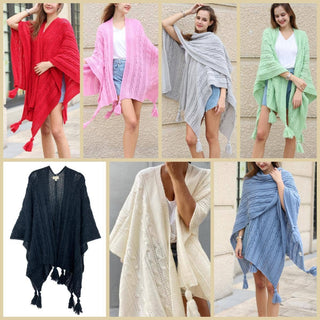 JC063331 Chunky Cable Knit Tassel-Accent Ruana Poncho