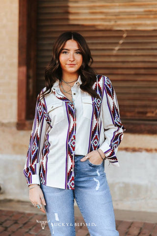 CLEARANCE Ivory Aztec Pearl Snap Buttons Retro 90's Western Top