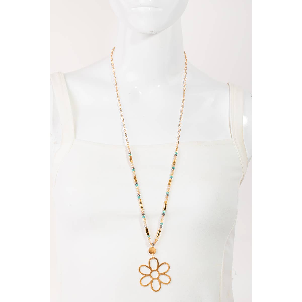 Metallic Flower Pendant Beaded Long Necklace Set