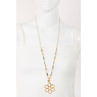 Metallic Flower Pendant Beaded Long Necklace Set