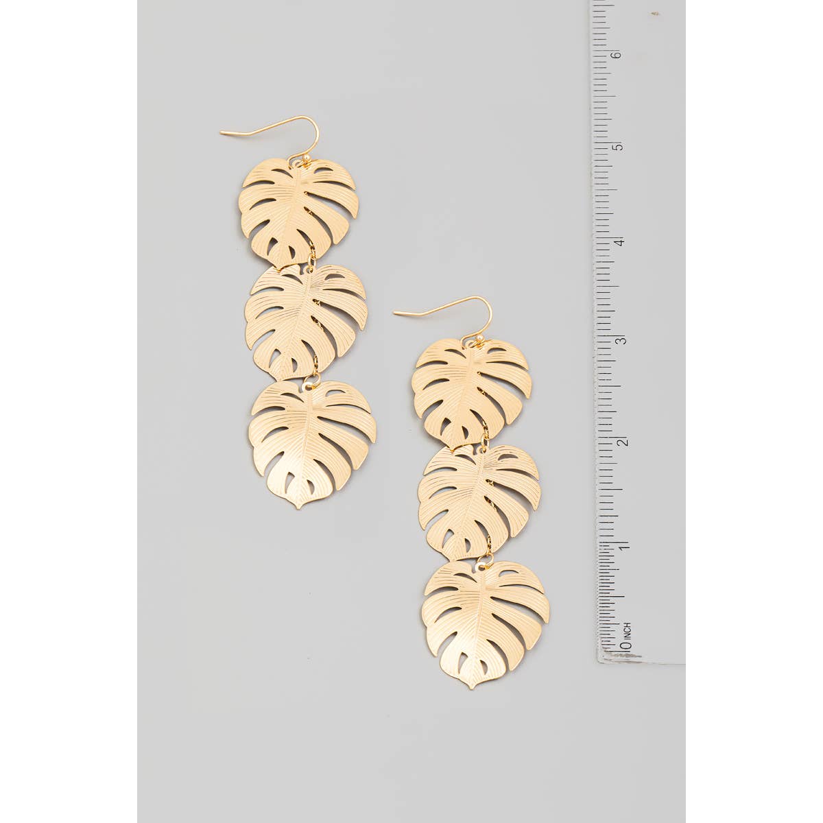 Triple Flat Metallic Monstera Chain Earrings