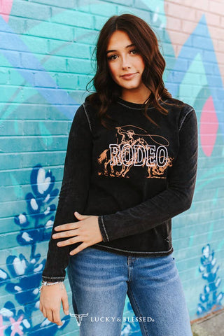Black Mineral Wash Rodeo Printed Contrast Stitching Shirt