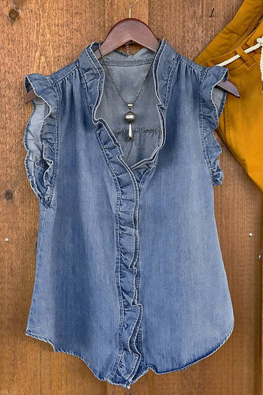 Blue Sleeveless Washed Denim Tank Top BBSP043