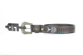 Genuine Brown Leather Deco Belt with Turquoise Accents ABB 14-2637