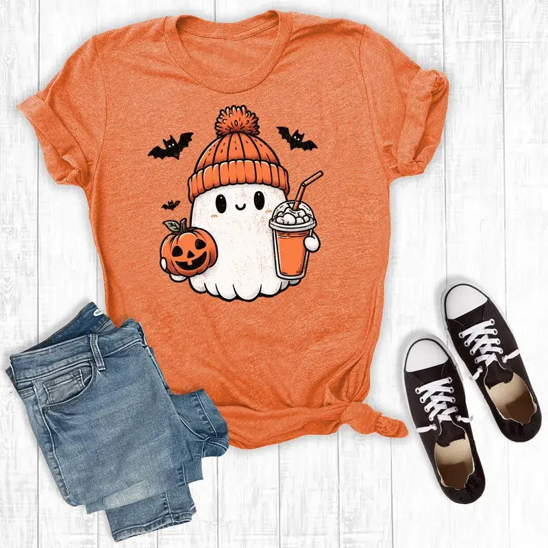 Halloween Ghost With Coffee Graphic Tshirts Orange