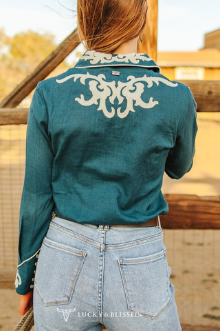 CLEARANCE Teal Ivory Patch Boot Stitch Contrast Piping Shirt