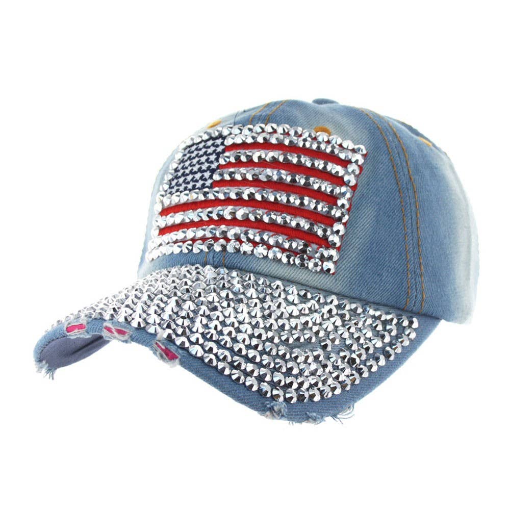 Rhinestone Embellished American Flag Denim Baseball Cap