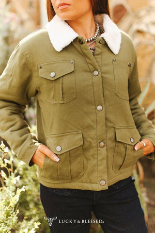 Olive Canvas Jacket with Sherpa Lined Collar