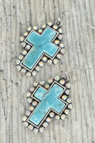 Western Rhinestone Turquoise Cross Earrings