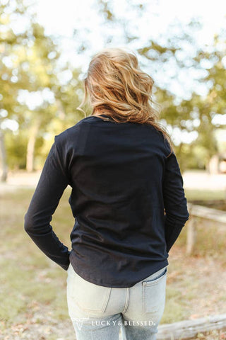 Navy Long Sleeve Turquoise Snap Button Henley Top
