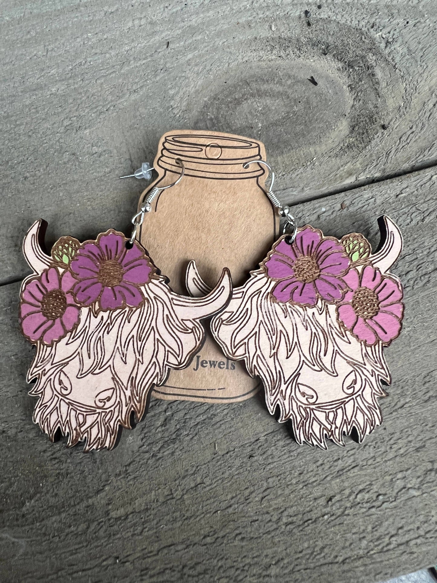 Highland Cow Floral Hand painted Wood Cutout Earrings