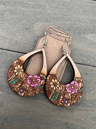 Floral Engraved Hand painted Wood Earrings
