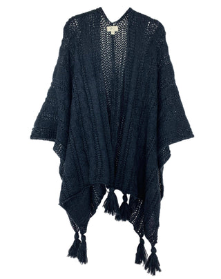 JC063331 Chunky Cable Knit Tassel-Accent Ruana Poncho