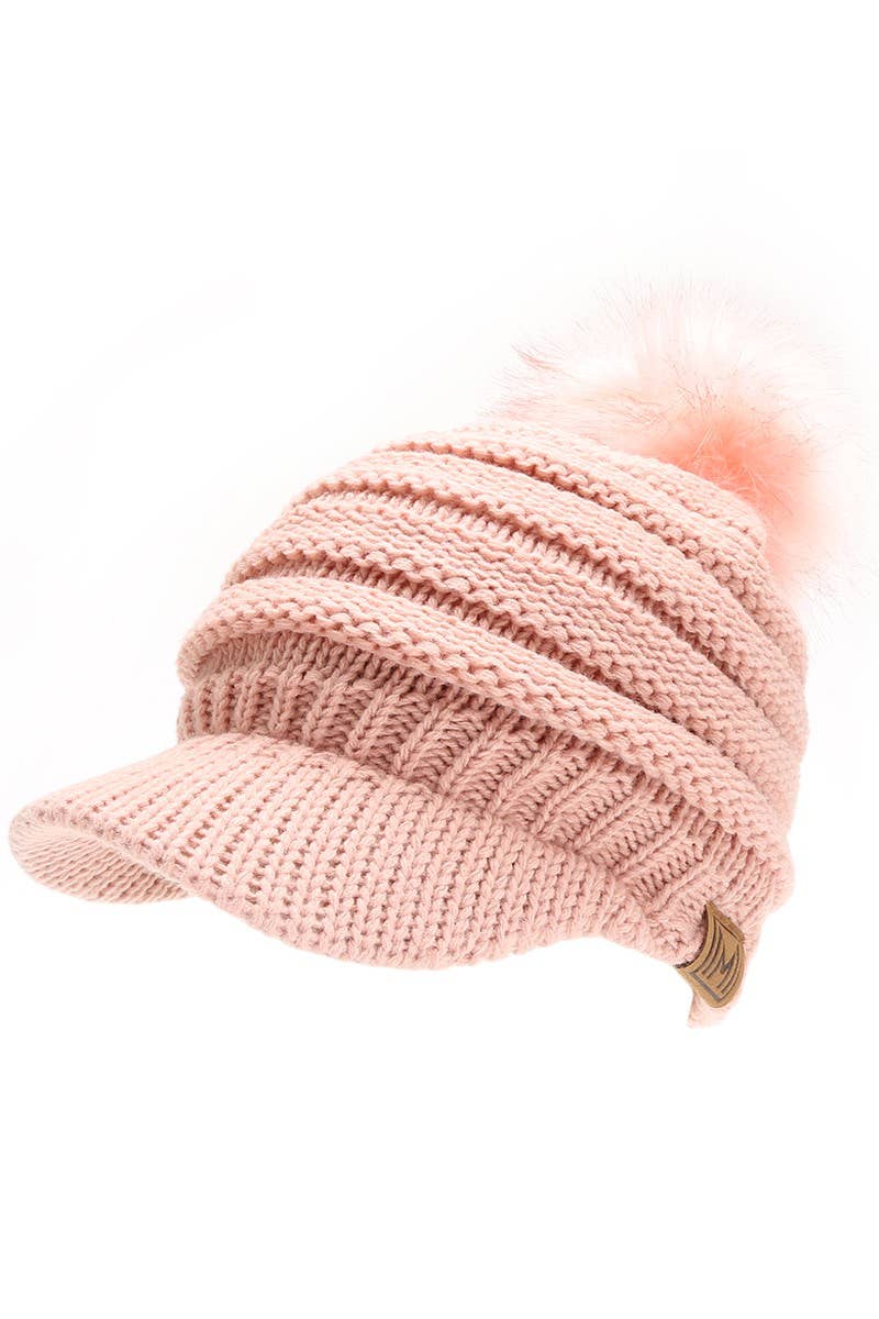 Women's Knit Visor Pom Beanie Hat  with Lining