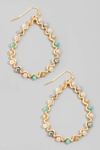 Beaded Wavy Metallic Tear Dangle Hook Earrings