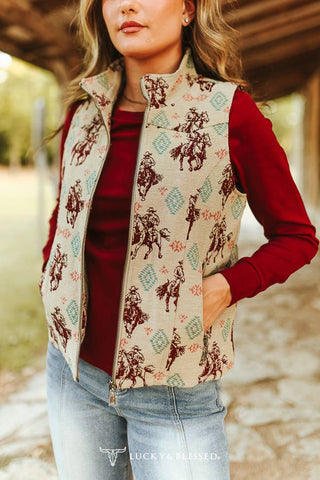 Cream Rodeo Cowboy Printed Quilted Zip-Up Vest