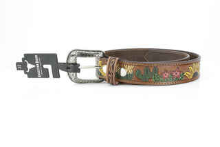 Genuine Western Leather Belt w/ Sunflower Cactus Design ABB 21 2523