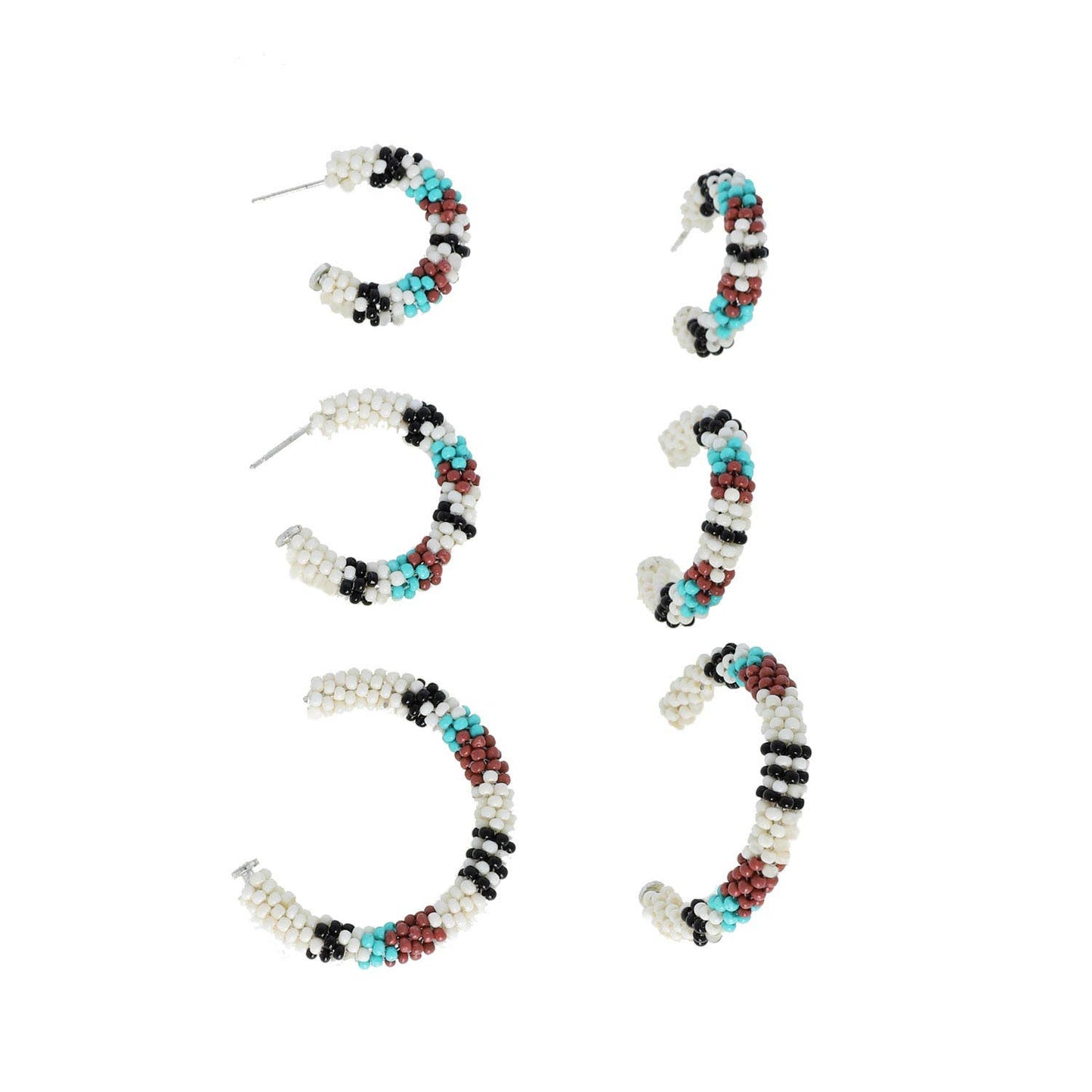 3-Pair Beaded Native American Style Open Hoop Earrings Set Sophia collection