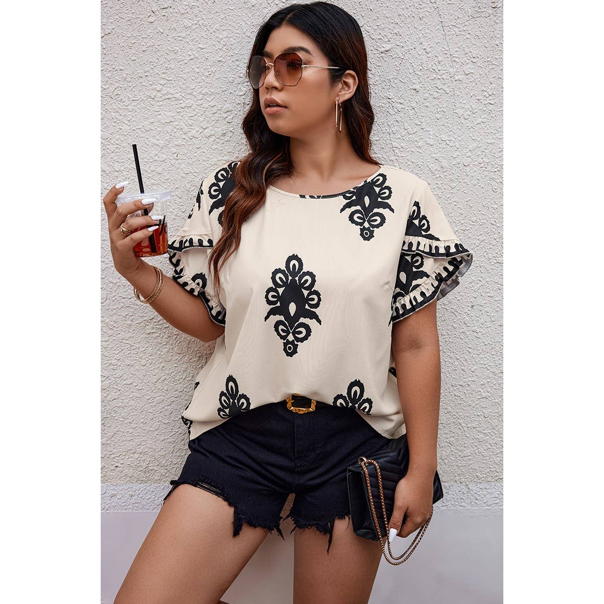 Plus Printed Ruffle Hem Wide Round Neck Blouse