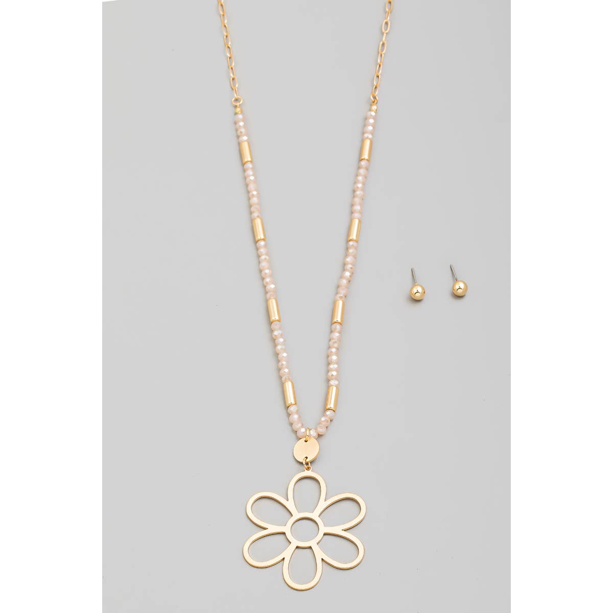 Metallic Flower Pendant Beaded Long Necklace Set