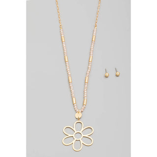 Metallic Flower Pendant Beaded Long Necklace Set
