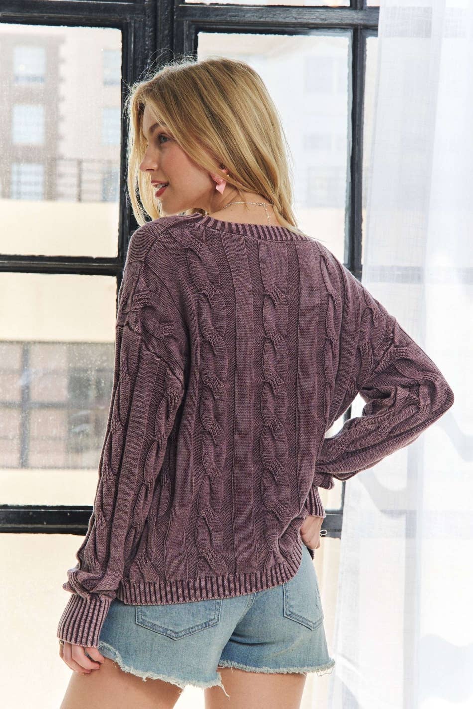 ADORA MINERAL PLUM  WASHED CABLE KNIT SWEATER TOP