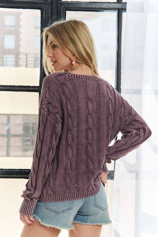 ADORA MINERAL PLUM  WASHED CABLE KNIT SWEATER TOP