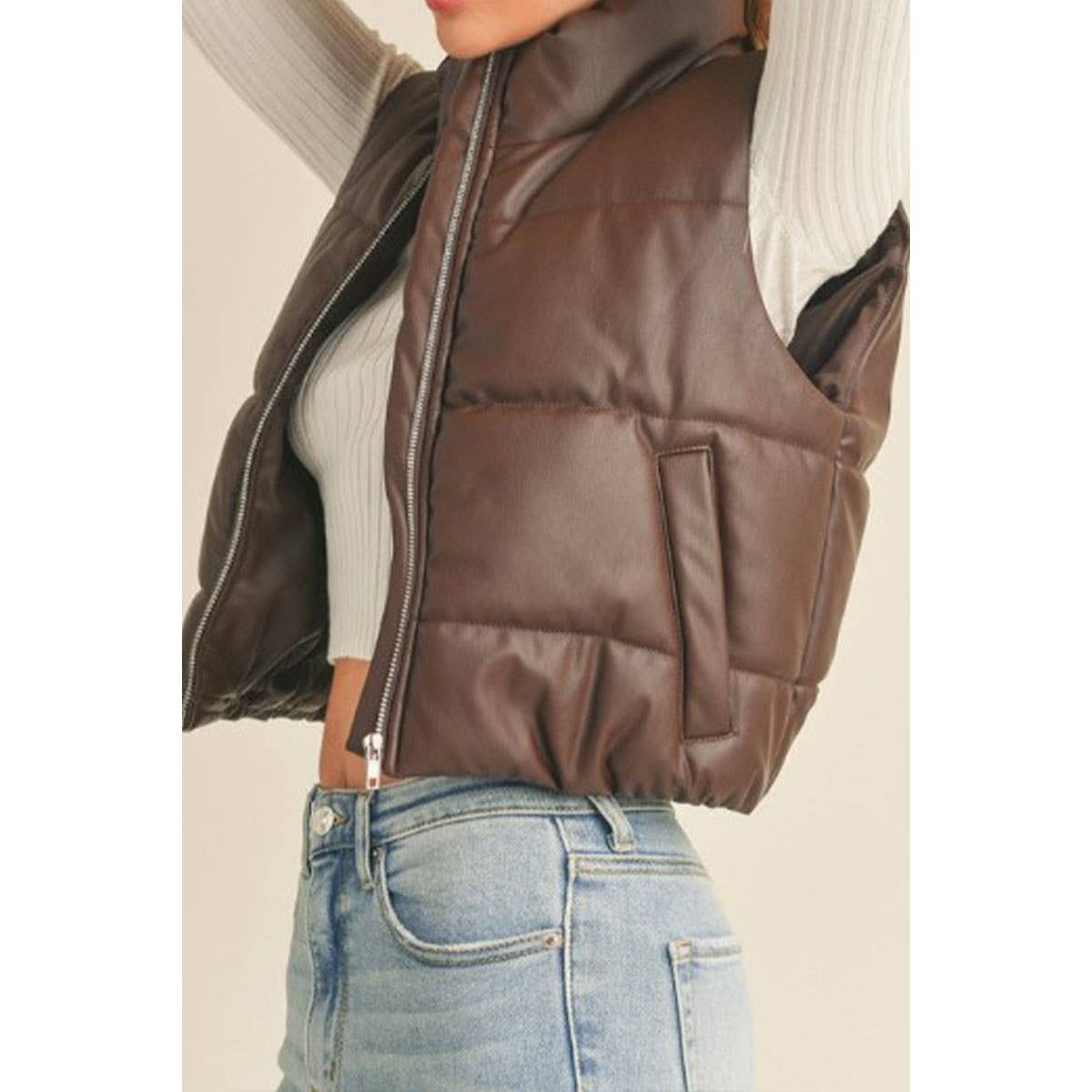 FAUX LEATHER HIGH NECK ZIP UP PUFFER VEST