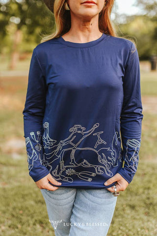 Navy Western Rhinestone Pressed Detail Long Sleeve Shirt