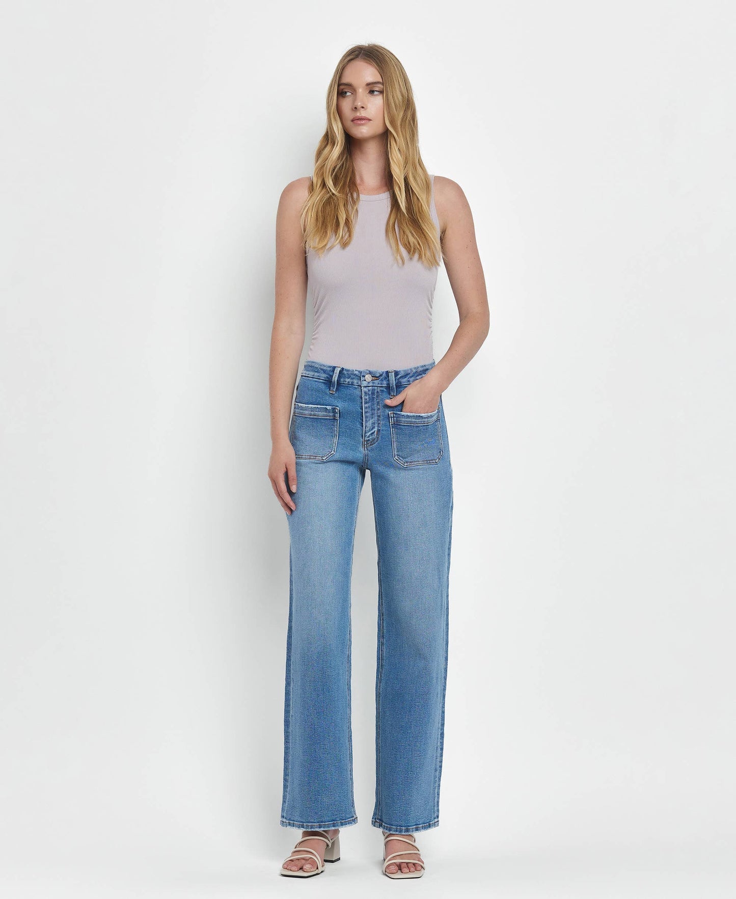 LOVERVET BY VERVET HIGH RISE PATCH POCKET WIDE LEG JEANS LV1479