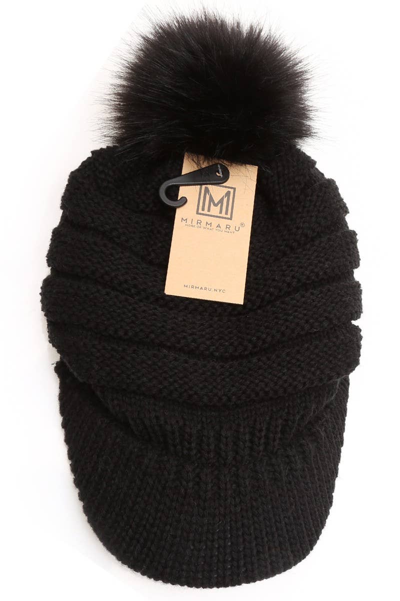 Women's Knit Visor Pom Beanie Hat  with Lining