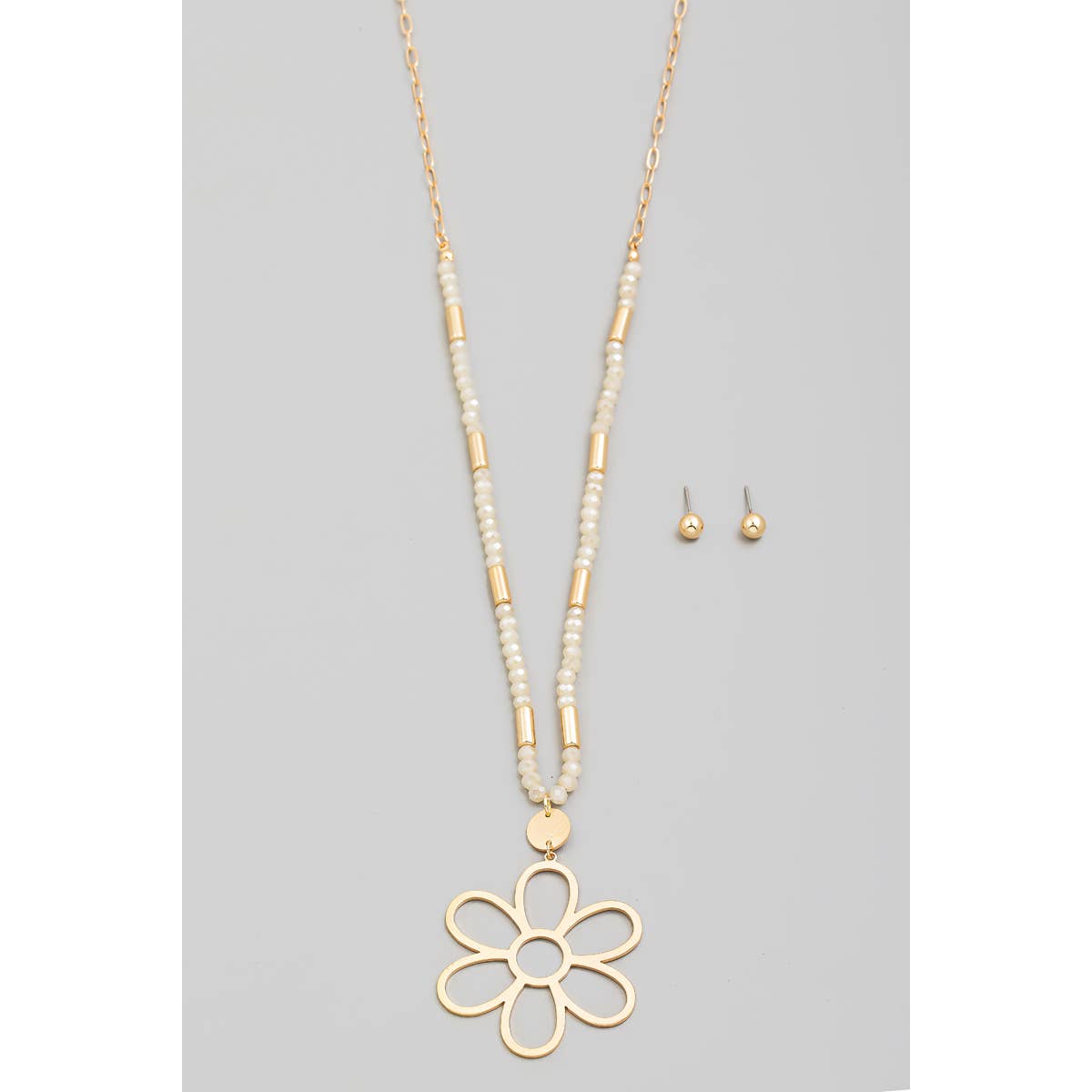 Metallic Flower Pendant Beaded Long Necklace Set