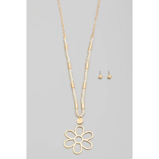 Metallic Flower Pendant Beaded Long Necklace Set