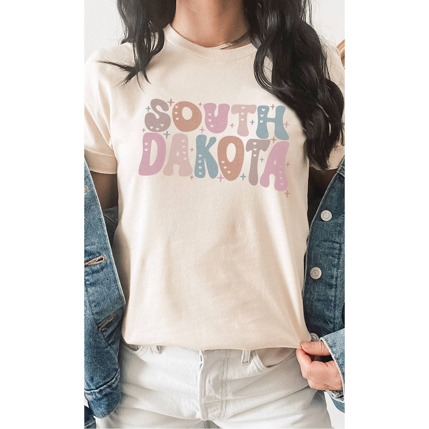 SOUTH DAKOTA Adorned, Bubble Letter, State Shape Graphic Tees