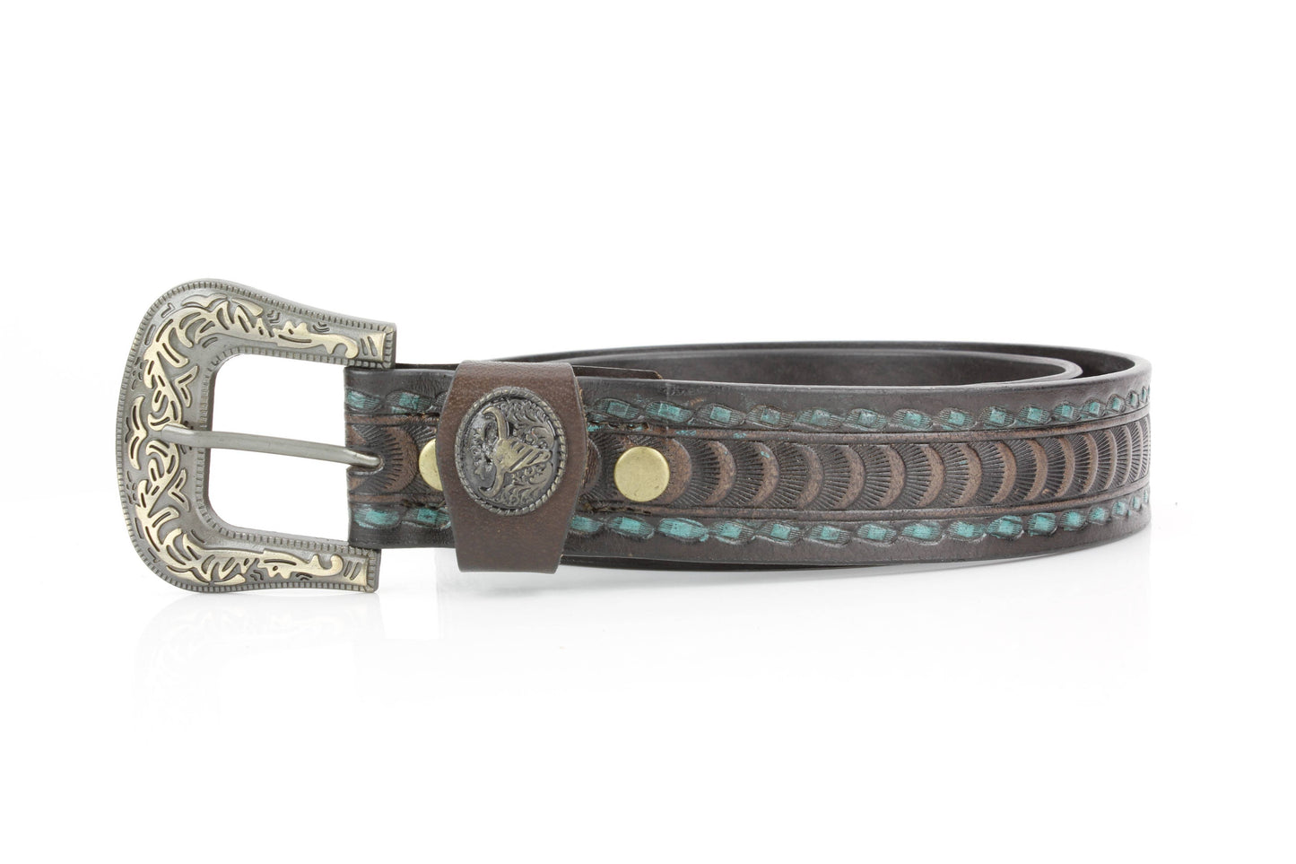 Genuine Brown Leather Deco Belt with Turquoise Accents ABB 14-2637
