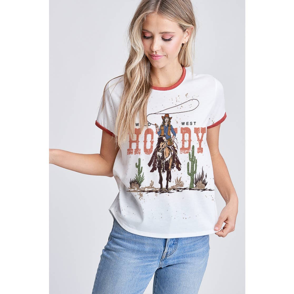 Howdy print ringer band short sleeve top