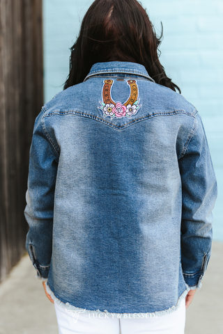 Plus Mid Wash Elevated Western Patch Denim Jacket