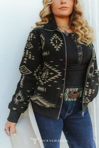 Black Aztec Western Print Zip Up Jacket