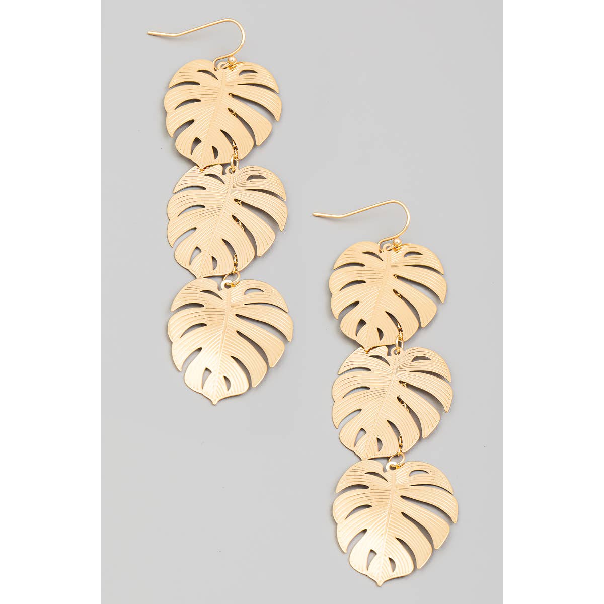 Triple Flat Metallic Monstera Chain Earrings