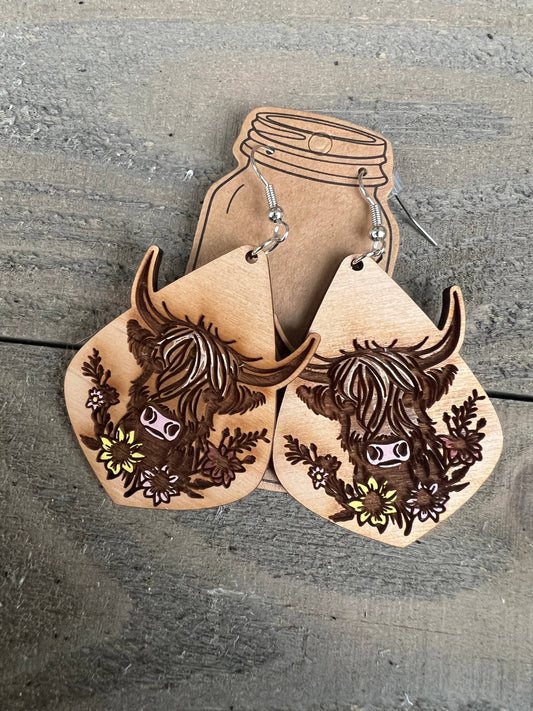 Highland Cow Western Floral Wood Cutout Earrings