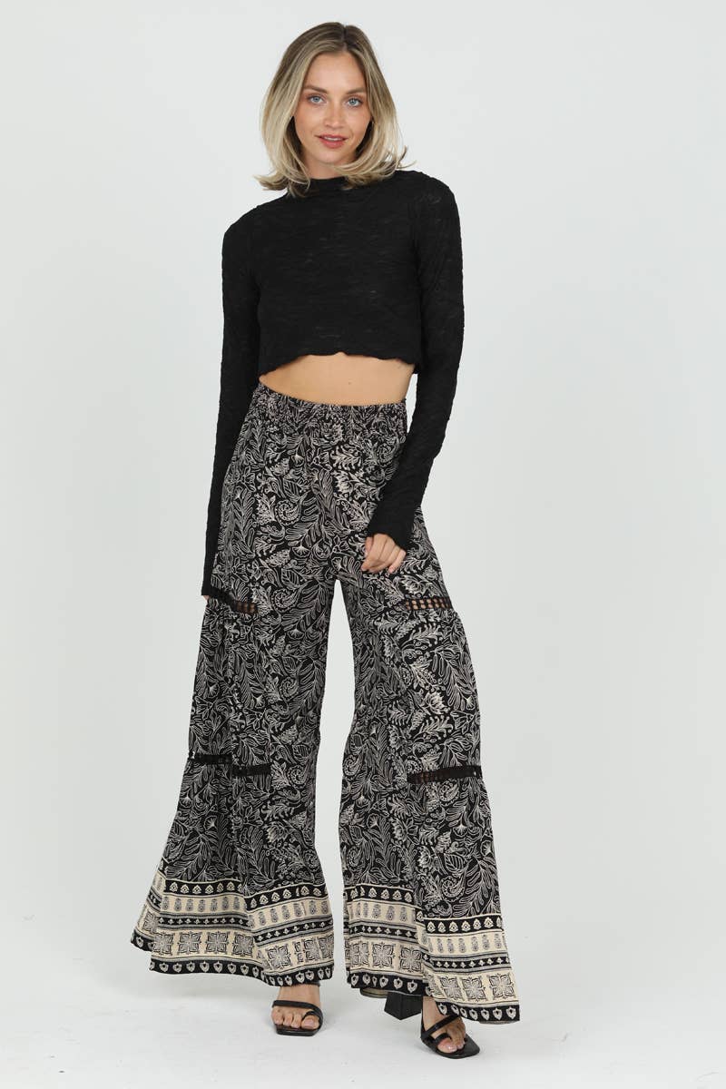 WIDE LEG FLARE PANTS WITH LACE INSETS by Angie