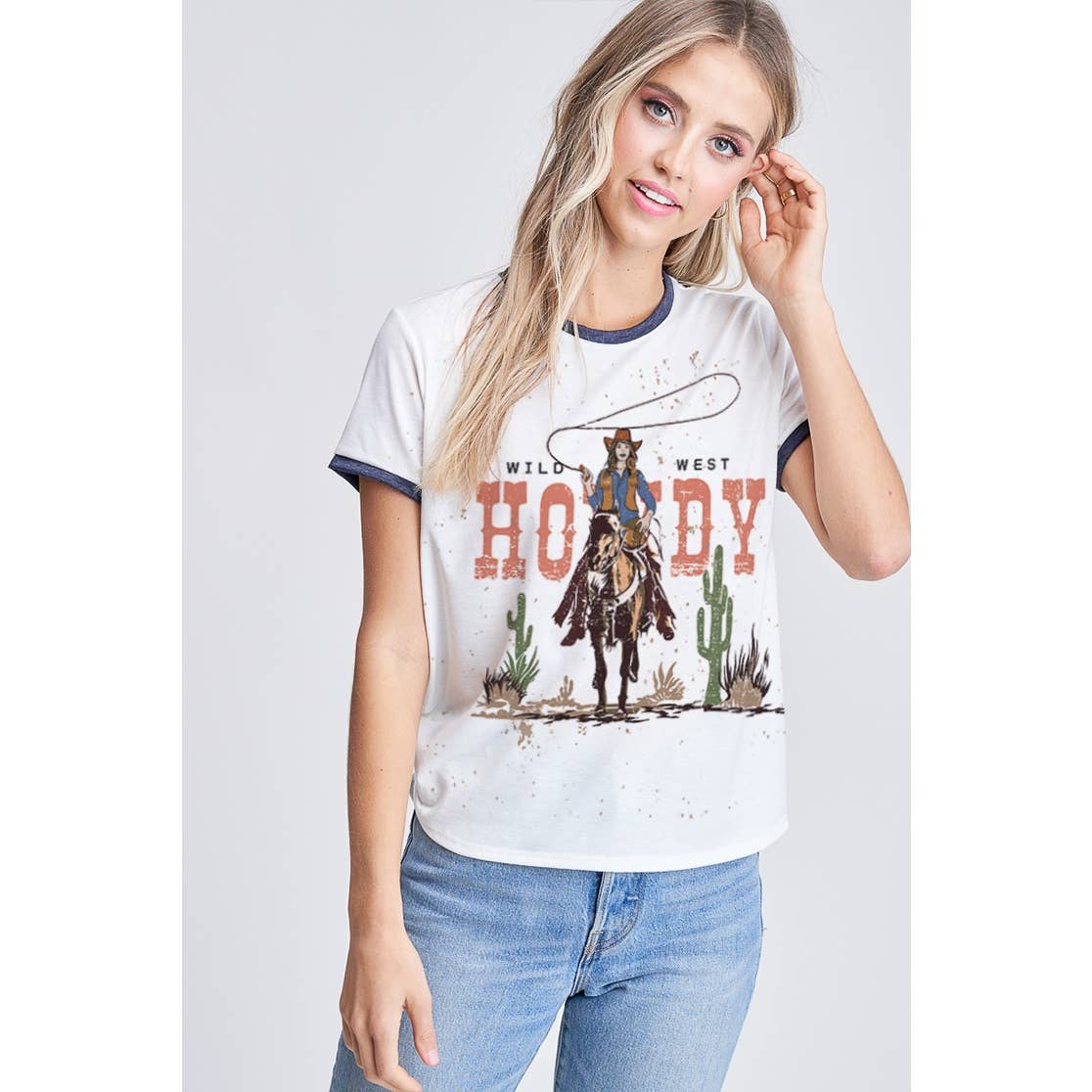 Howdy print ringer band short sleeve top